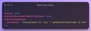 YAML front matter showing cache-busted CSS filename